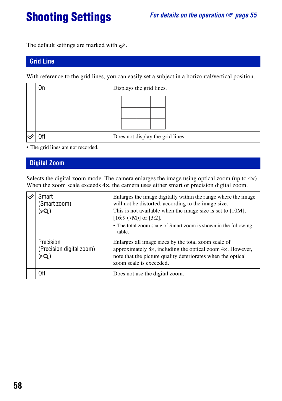 Shooting settings, Grid line, Digital zoom | Grid line digital zoom | Sony DSC-S950 User Manual | Page 58 / 107