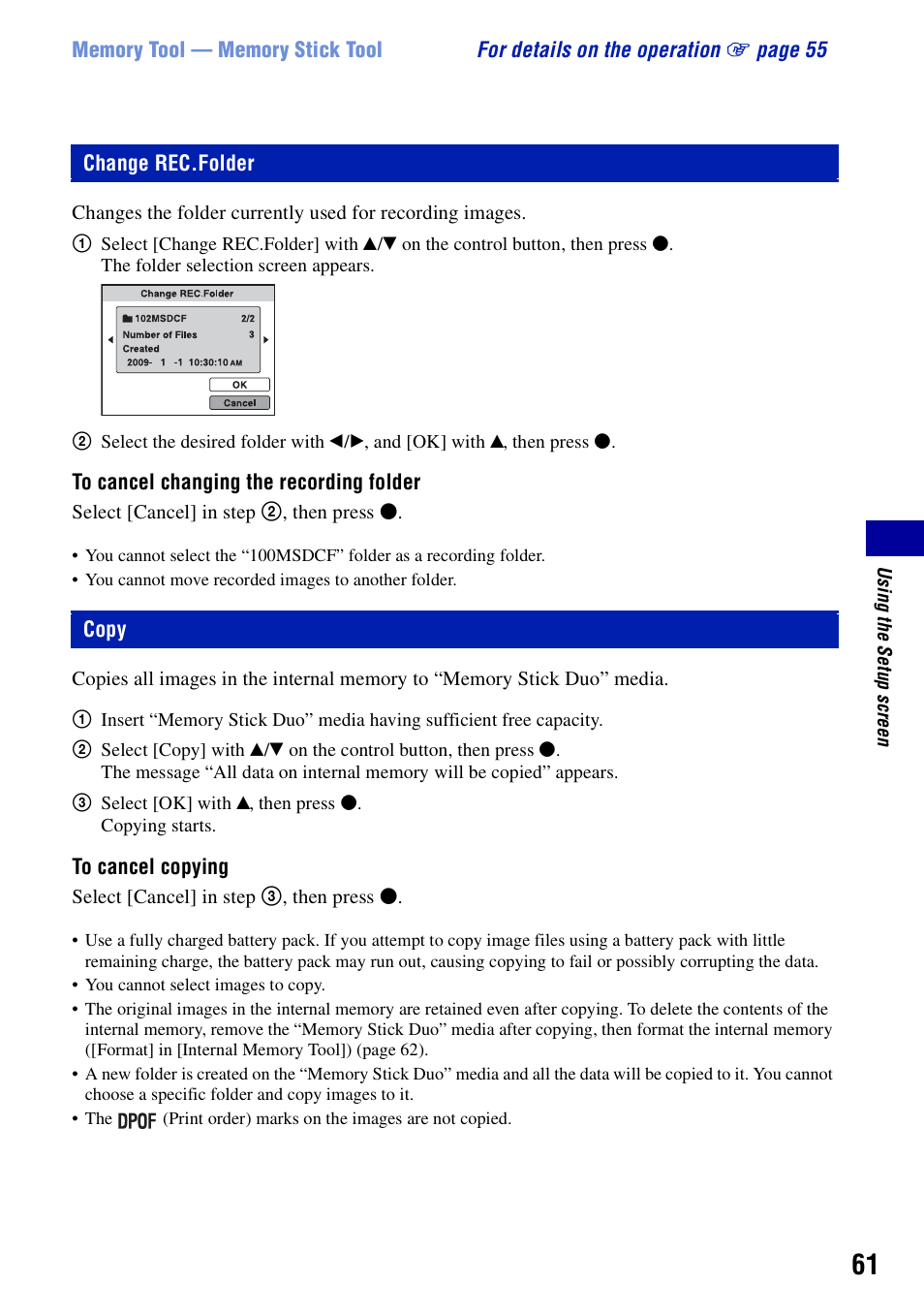 Change rec.folder, Copy, Change rec.folder copy | Sony DSC-S950 User Manual | Page 61 / 107