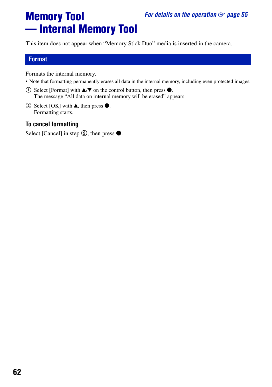 Memory tool - internal memory tool, Format, Memory tool — internal memory tool | Sony DSC-S950 User Manual | Page 62 / 107