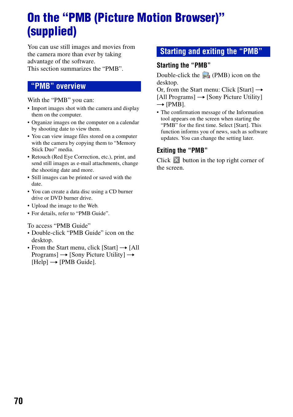 On the “pmb (picture motion browser)” (supplied), Pmb” overview starting and exiting the “pmb | Sony DSC-S950 User Manual | Page 70 / 107