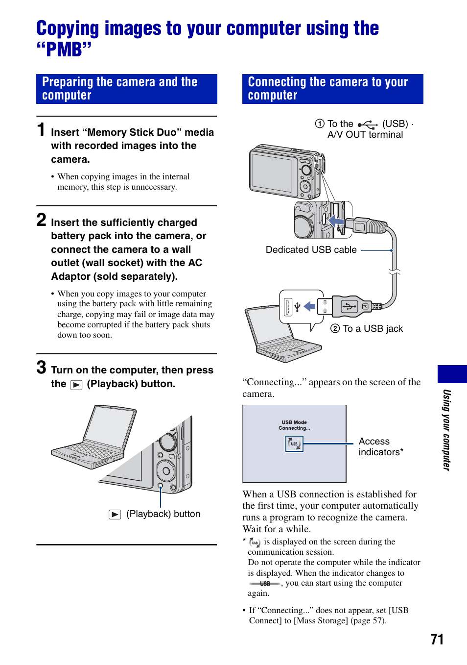 Copying images to your computer using the “pmb, S 71, Preparing the camera and the computer | Connecting the camera to your computer | Sony DSC-S950 User Manual | Page 71 / 107