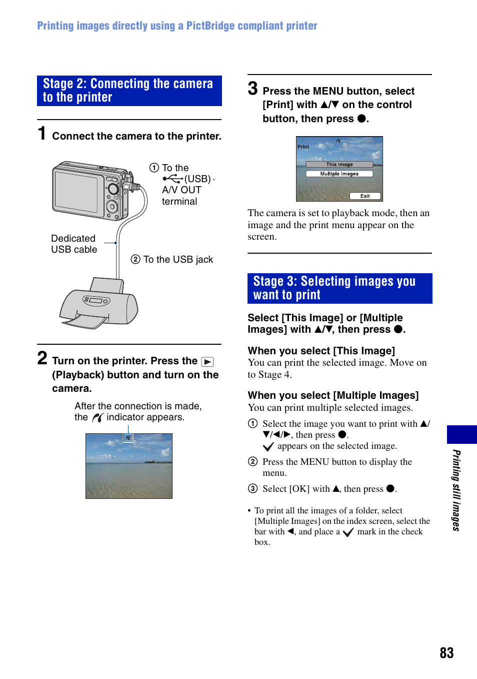 Stage 2: connecting the camera to the printer, Stage 3: selecting images you want to print | Sony DSC-S950 User Manual | Page 83 / 107