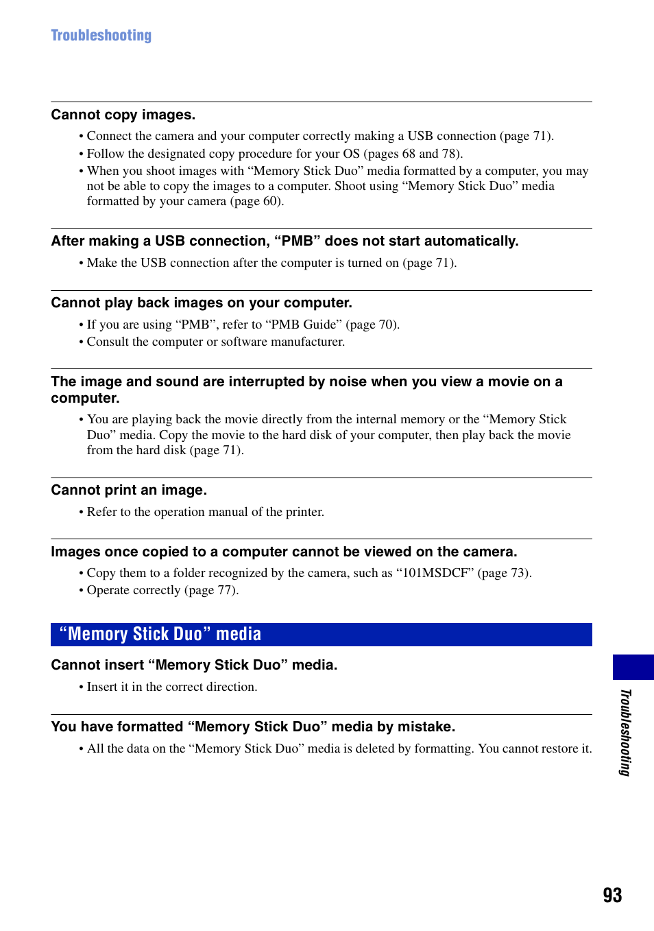 Memory stick duo” media | Sony DSC-S950 User Manual | Page 93 / 107