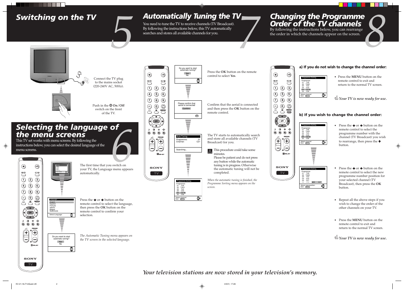 Switching on the tv, Automatically tuning the tv, Changing the programme order of the tv channels | Selecting the language of the menu screens | Sony KV-14LT1U  EN User Manual | Page 2 / 2