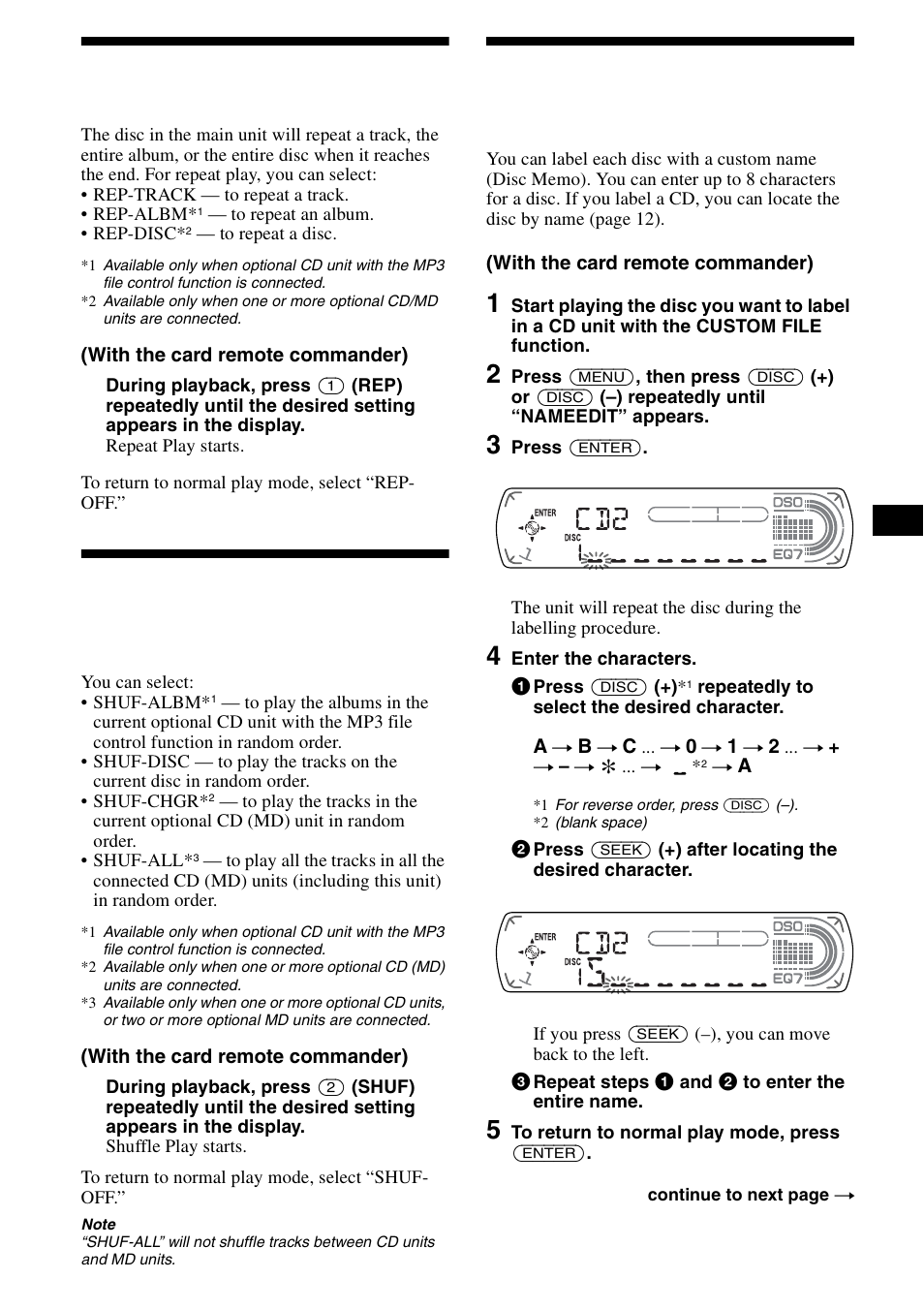 Playing tracks repeatedly, Repeat play, Playing tracks in random order | Shuffle play, Labelling a cd, Disc memo, Rep 11, 11 playing tracks repeatedly | Sony CDX-CA890X User Manual | Page 11 / 84