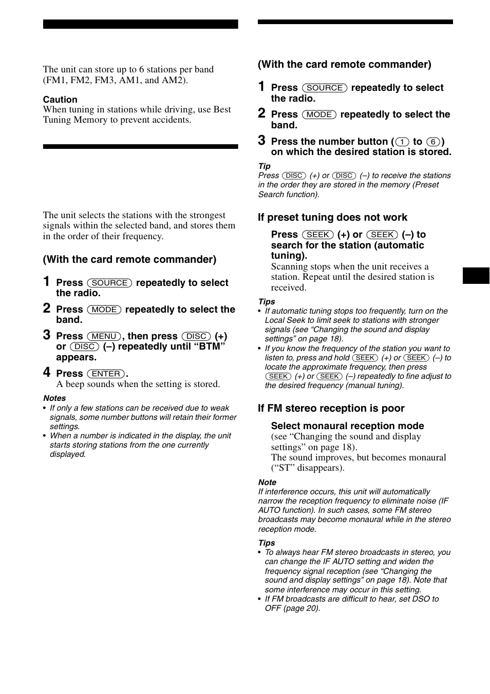 Radio, Storing stations automatically, Best tuning memory (btm) | Receiving the stored stations | Sony CDX-CA890X User Manual | Page 13 / 84