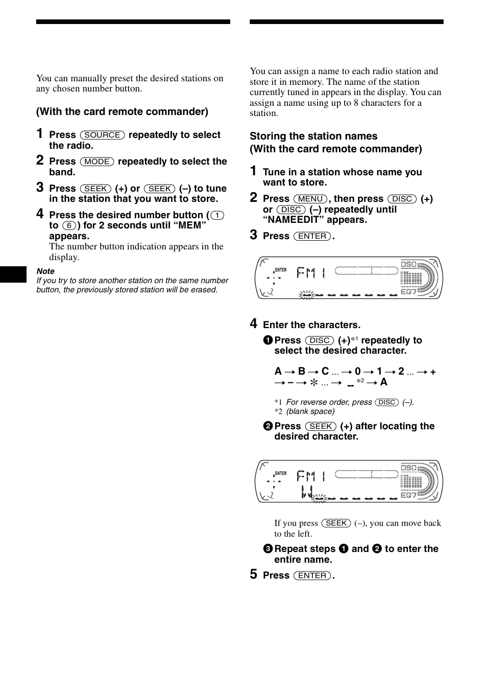 Storing only the desired stations, Storing station names, Station memo | 14 storing only the desired stations | Sony CDX-CA890X User Manual | Page 14 / 84