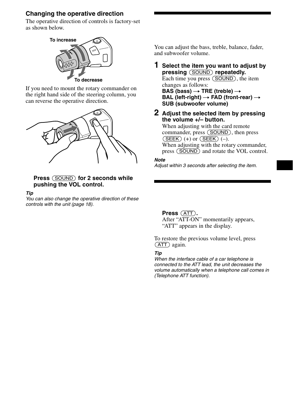 Adjusting the sound characteristics, Quickly attenuating the sound | Sony CDX-CA890X User Manual | Page 17 / 84