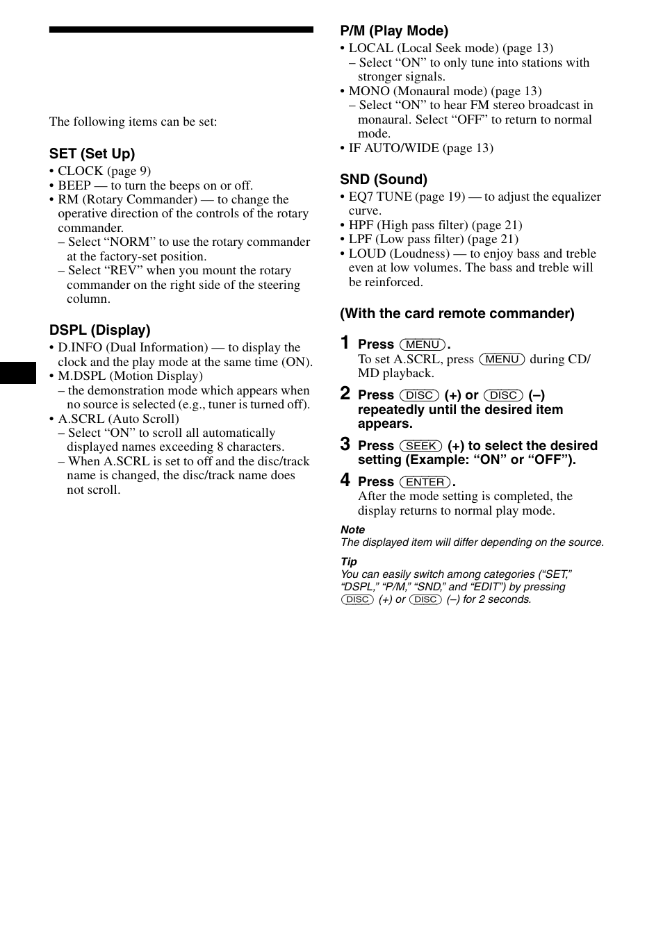 Changing the sound and display settings, Menu, 18 changing the sound and display settings | Sony CDX-CA890X User Manual | Page 18 / 84