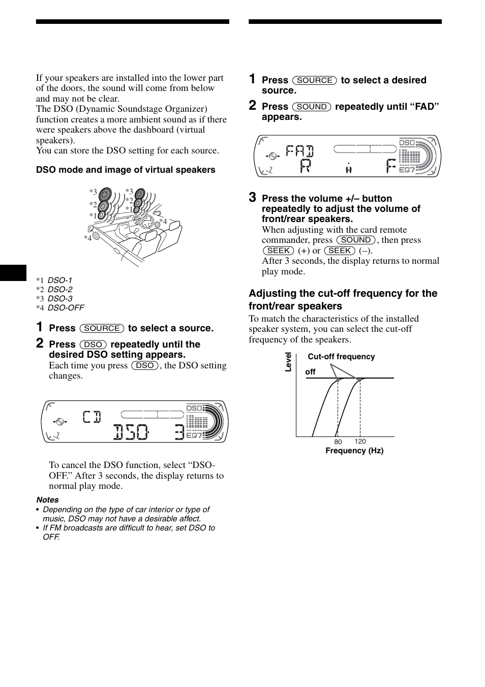 Setting the dynamic soundstage organizer (dso), Adjusting the front and rear volume, Setting the dynamic soundstage organizer | Dso), 20 setting the dynamic soundstage organizer (dso) | Sony CDX-CA890X User Manual | Page 20 / 84