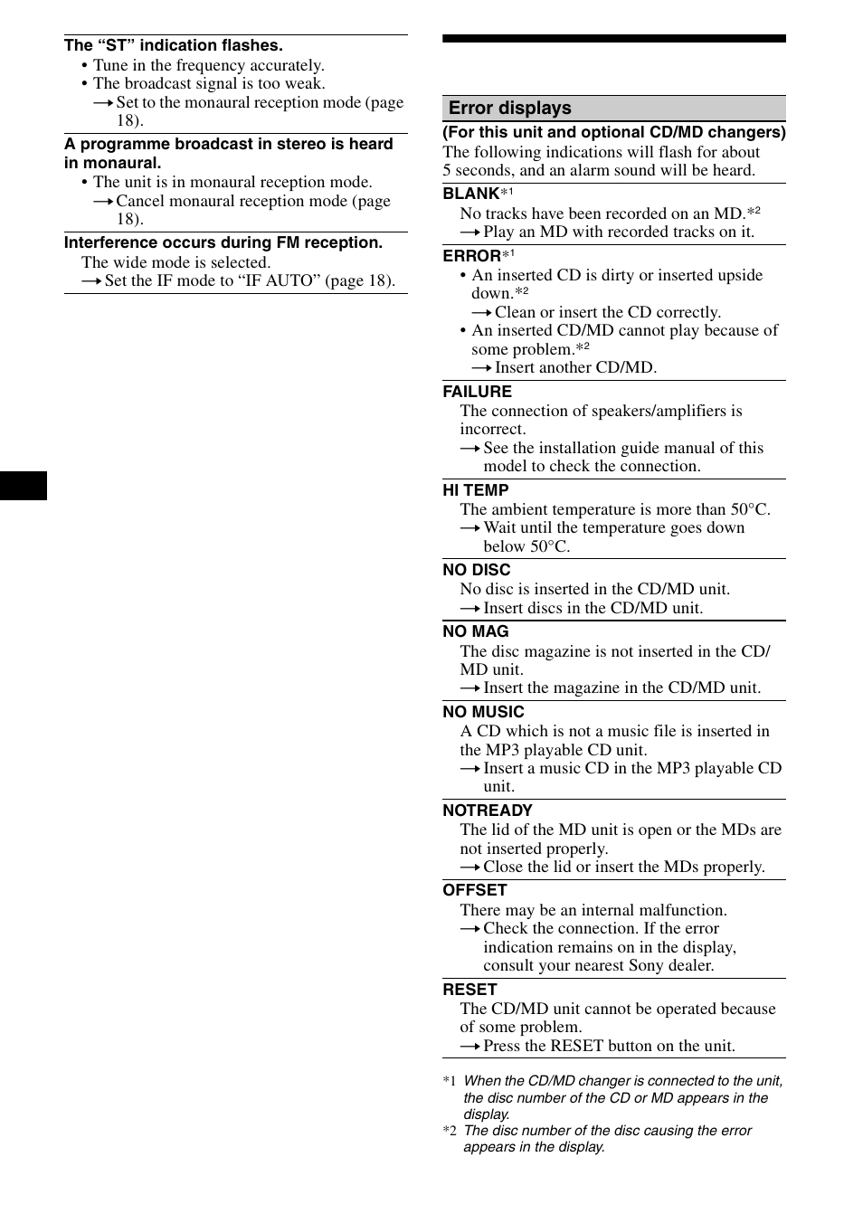 Error displays/messages, 26 error displays/messages | Sony CDX-CA890X User Manual | Page 26 / 84