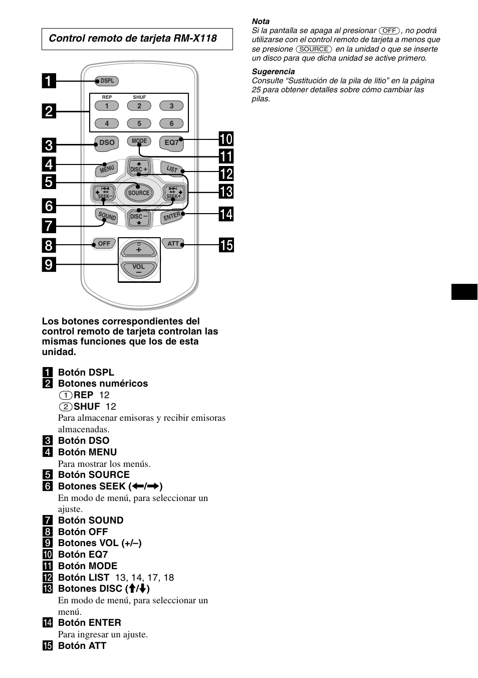 Control remoto de tarjeta rm-x118 | Sony CDX-CA890X User Manual | Page 31 / 84