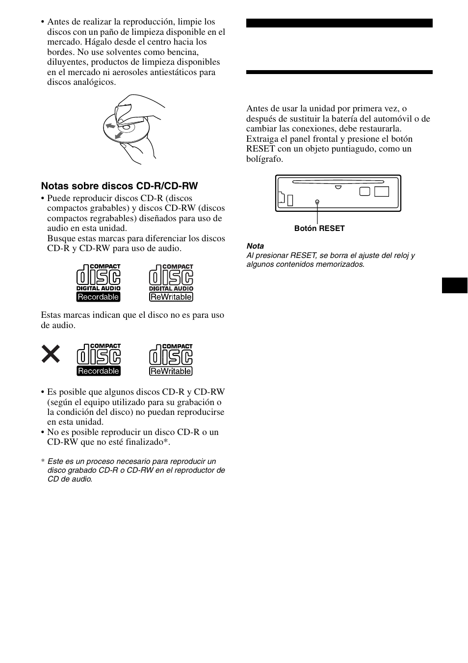 Procedimientos iniciales, Restauración de la unidad | Sony CDX-CA890X User Manual | Page 33 / 84