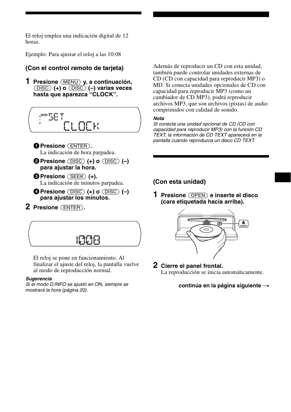 Ajuste del reloj, Reproductor de cd unidad de cd/md (opcional), Reproducción de discos | 9ajuste del reloj | Sony CDX-CA890X User Manual | Page 35 / 84