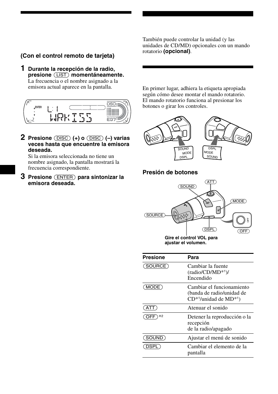 Sintonización de emisoras mediante una lista, Listado, Otras funciones | Uso del mando rotatorio, 18 sintonización de emisoras mediante una lista | Sony CDX-CA890X User Manual | Page 44 / 84