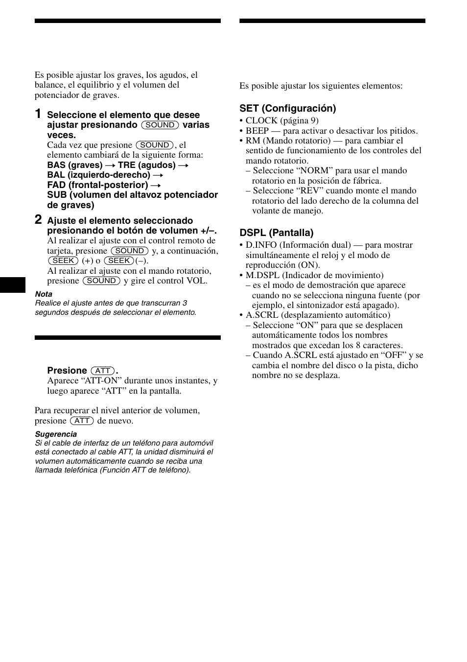 Menú, 20 ajuste de las características del sonido, Atenuación rápida del sonido | Cambio de los ajustes de sonido y de pantalla | Sony CDX-CA890X User Manual | Page 46 / 84