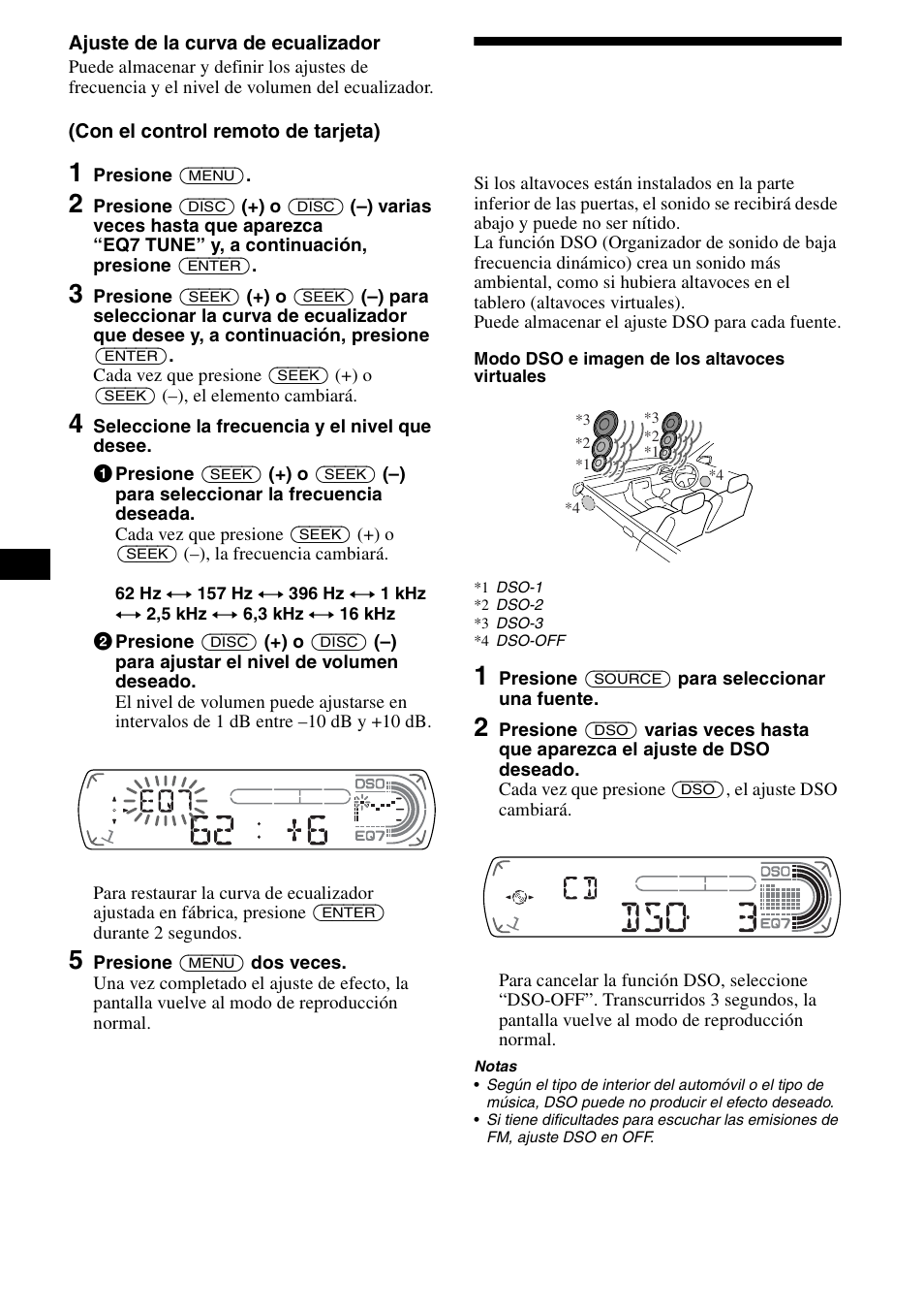 Ajuste del organizador de sonido de baja, Frecuencia dinámico (dso) | Sony CDX-CA890X User Manual | Page 48 / 84