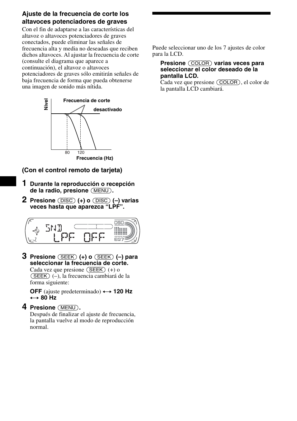 Para cambiar el color de la pantalla, Para cambiar el color de la pantalla lcd | Sony CDX-CA890X User Manual | Page 50 / 84