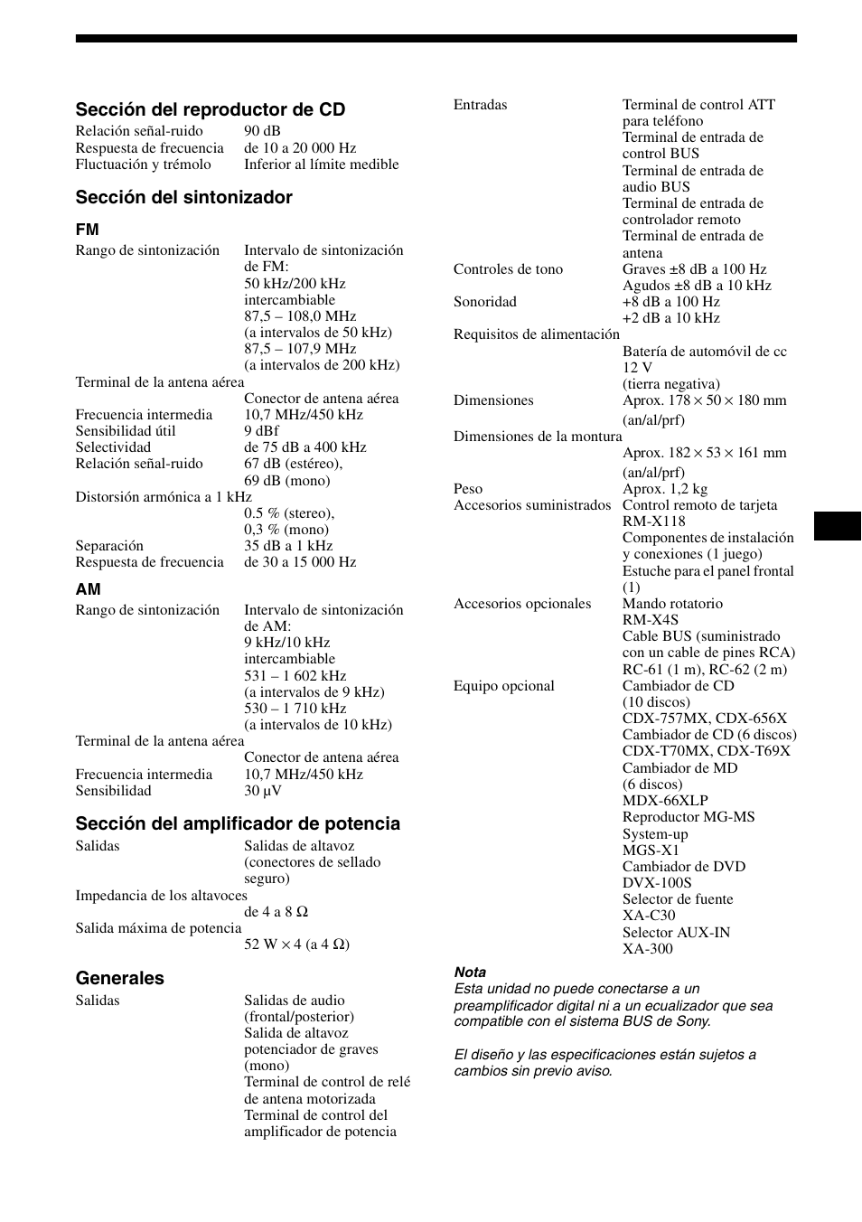 Especificaciones, 27 especificaciones | Sony CDX-CA890X User Manual | Page 53 / 84