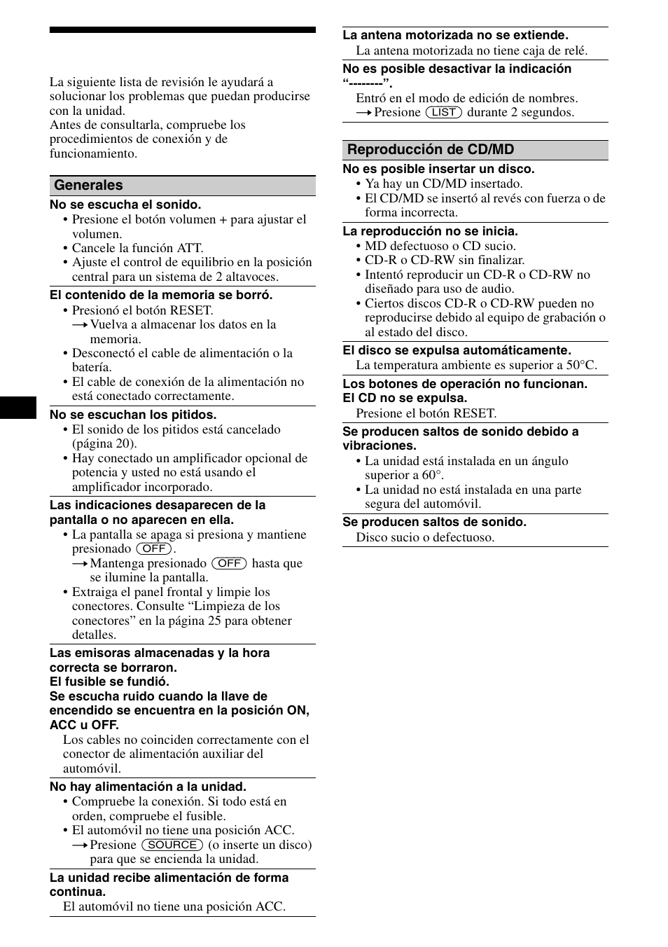 Solución de problemas, 28 solución de problemas | Sony CDX-CA890X User Manual | Page 54 / 84