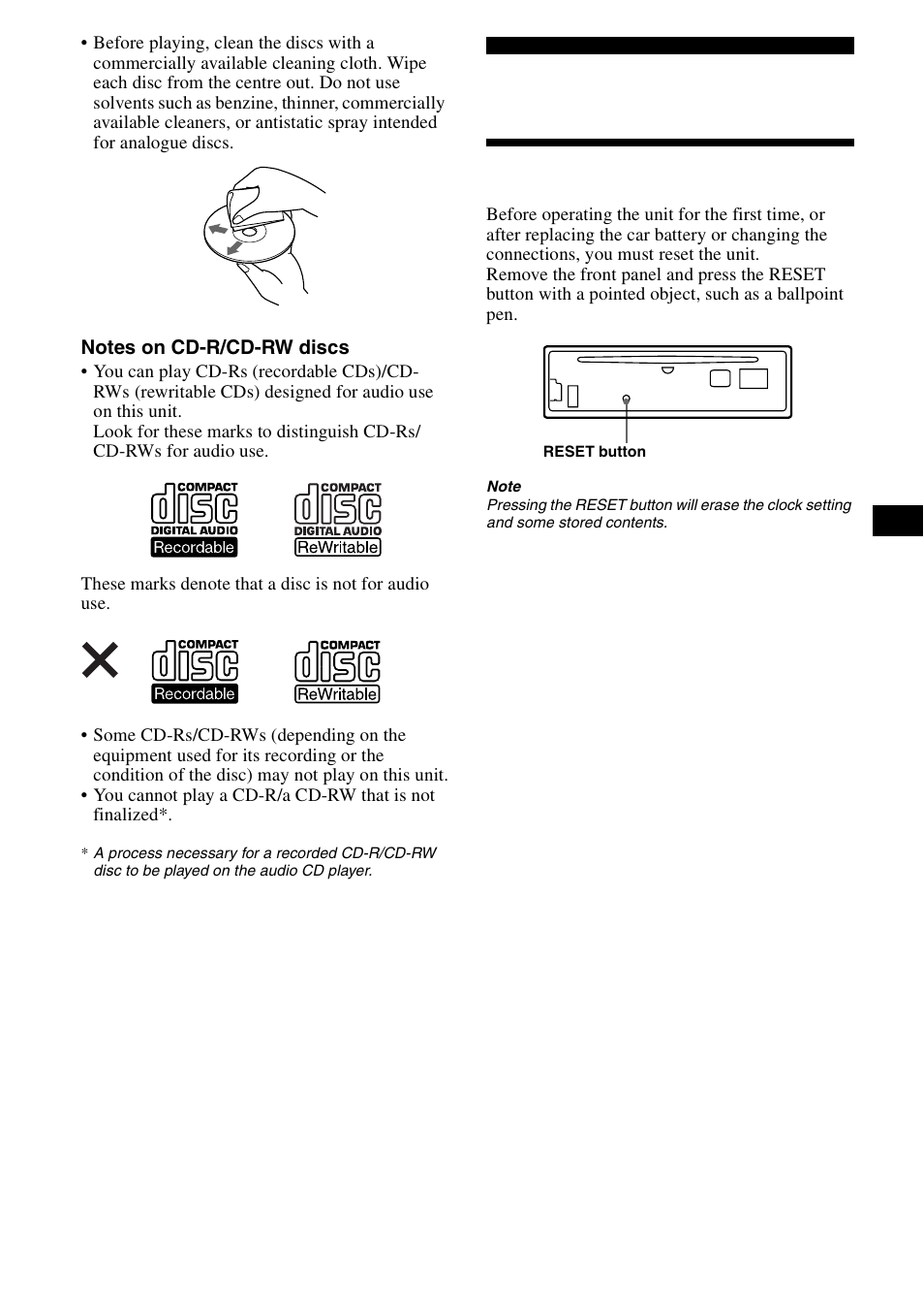 Getting started, Resetting the unit | Sony CDX-CA890X User Manual | Page 7 / 84