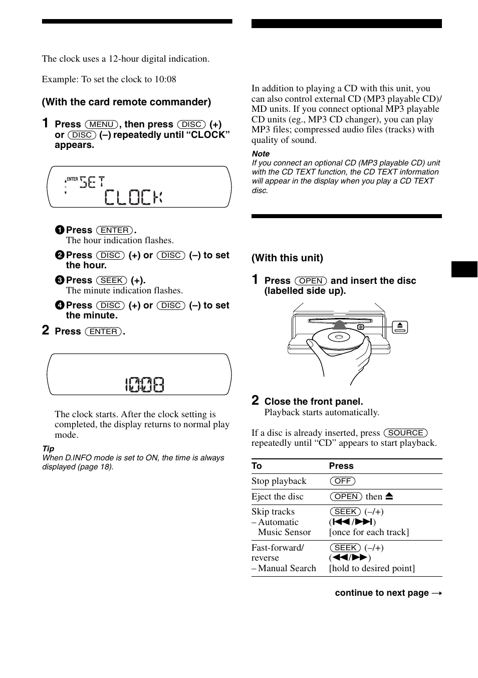 Setting the clock, Cd player cd/md unit (optional), Playing a disc | 9setting the clock | Sony CDX-CA890X User Manual | Page 9 / 84