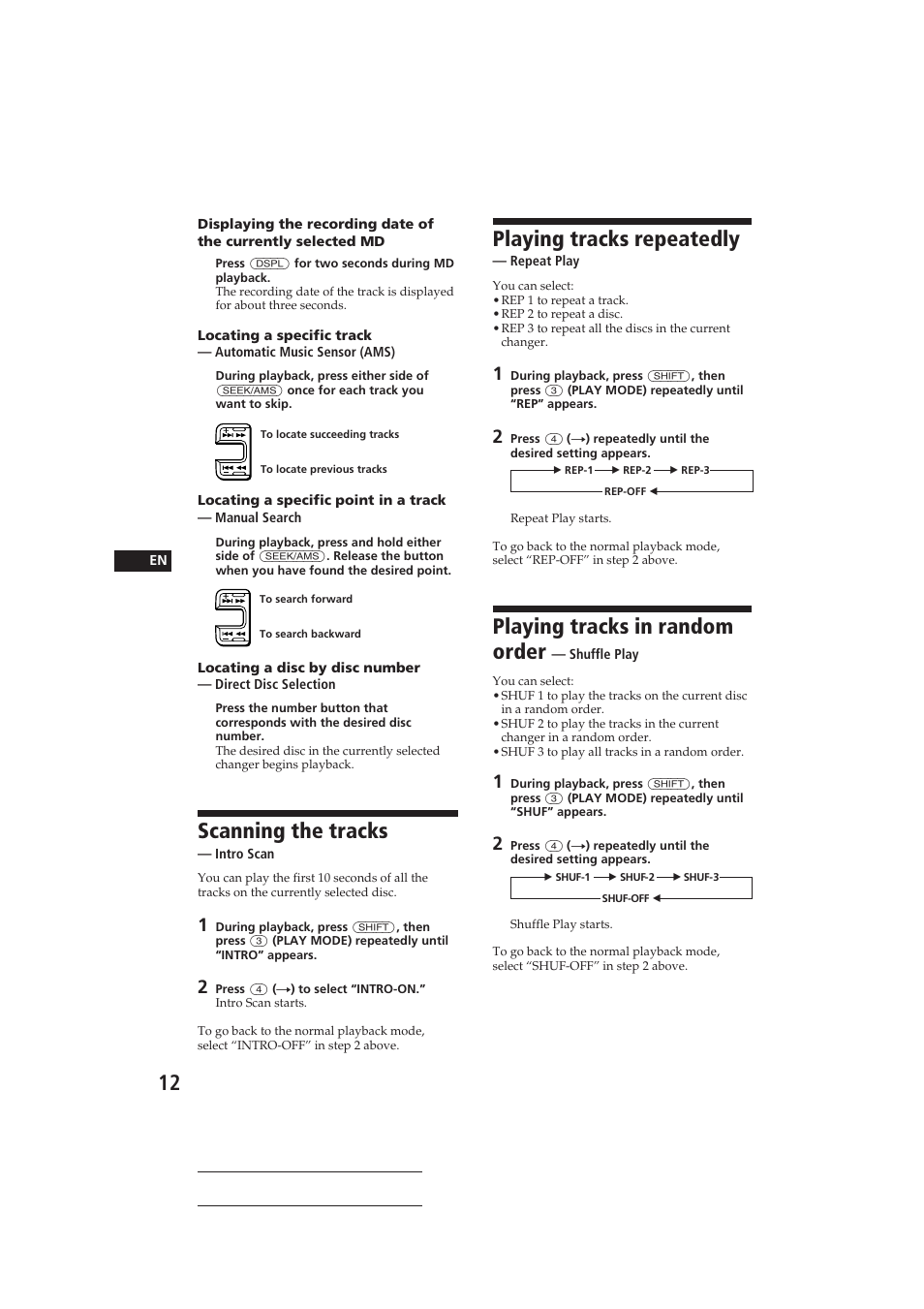 Scanning the tracks, Playing tracks repeatedly, Playing tracks in random order | Sony CDX-C610 User Manual | Page 12 / 24