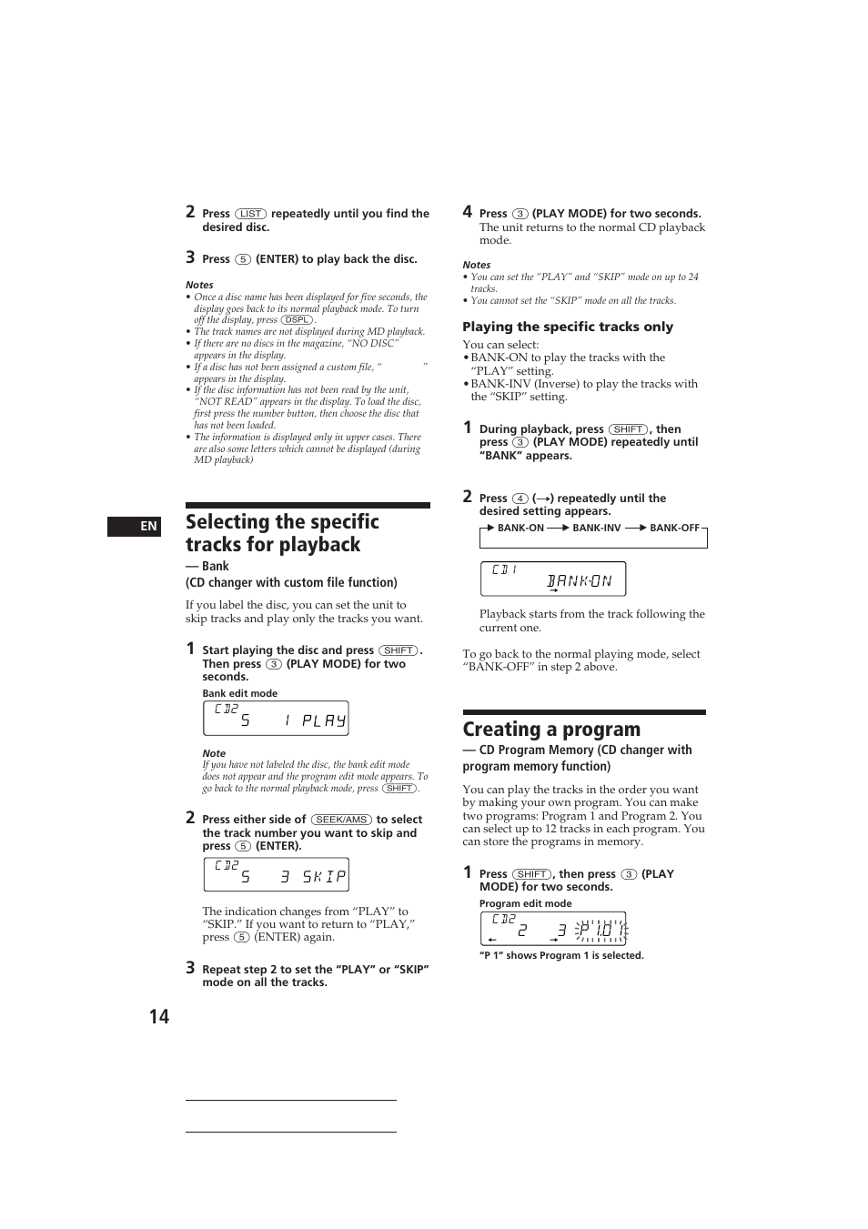 Selecting the specific tracks for playback, Creating a program, Bankon | 3 skip, 3 p101 | Sony CDX-C610 User Manual | Page 14 / 24