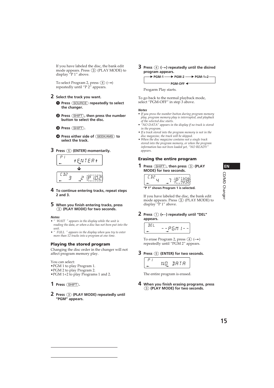 Enter, 2 p102, 7 p108 | Pgm1, No data | Sony CDX-C610 User Manual | Page 15 / 24