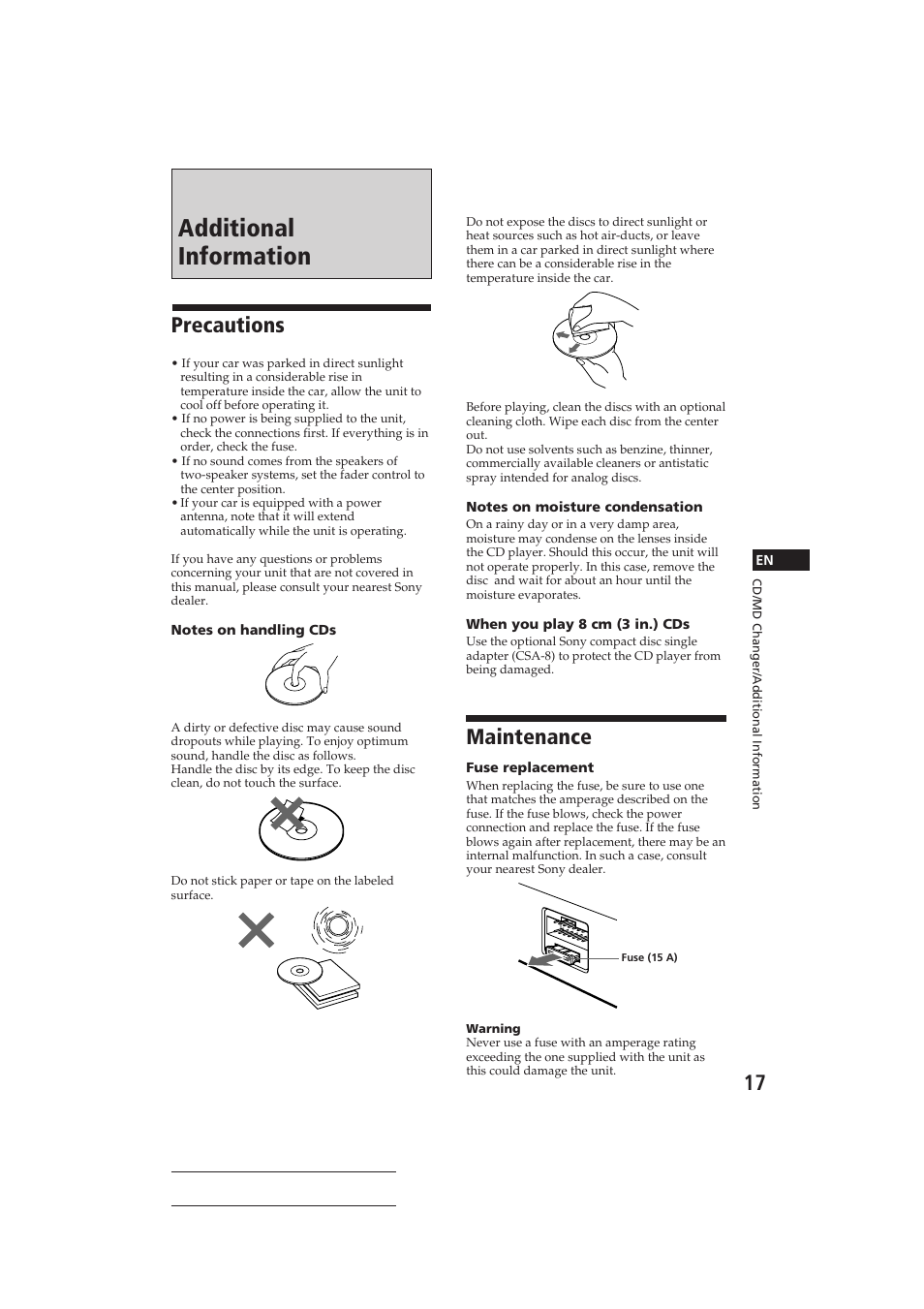 Additional information, Precautions, Maintenance | Sony CDX-C610 User Manual | Page 17 / 24