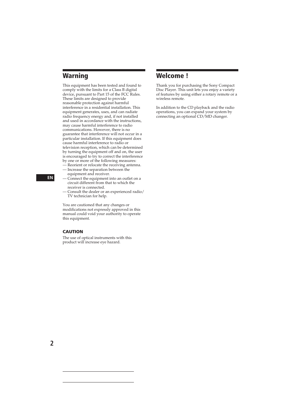 Welcome, Warning | Sony CDX-C610 User Manual | Page 2 / 24