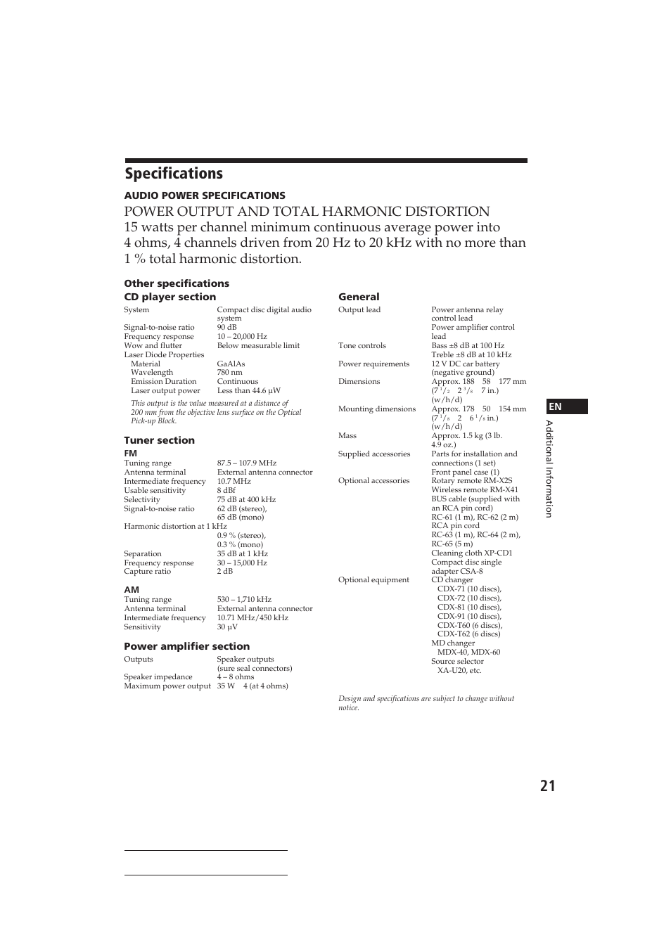 Specifications | Sony CDX-C610 User Manual | Page 21 / 24