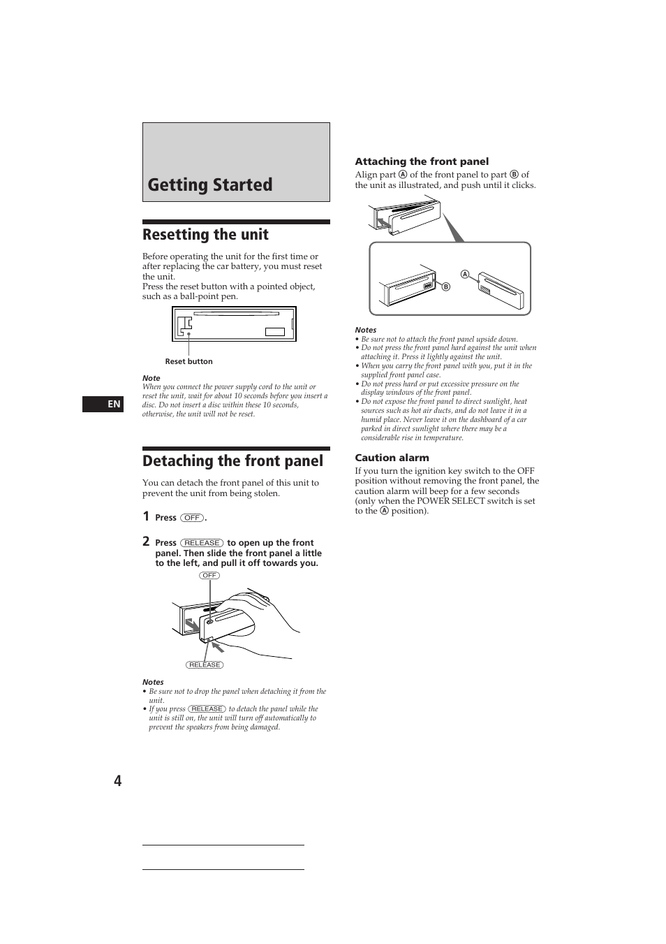 Getting started, Resetting the unit, Detaching the front panel | Sony CDX-C610 User Manual | Page 4 / 24