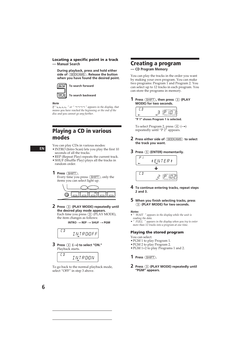 Creating a program, Playing a cd in various modes, 3 p101 | Introon | Sony CDX-C610 User Manual | Page 6 / 24