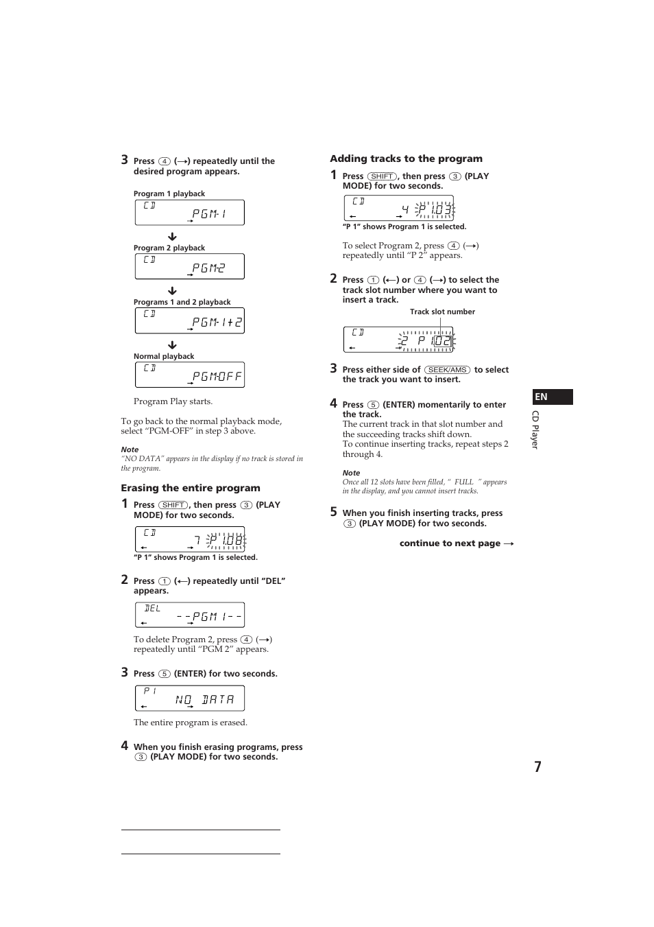 Pgm1 2, 2 p102, 7 p108 | P g m 1, No data, 4 p103, Pgm1, Pgm2, Pgmoff, Erasing the entire program | Sony CDX-C610 User Manual | Page 7 / 24