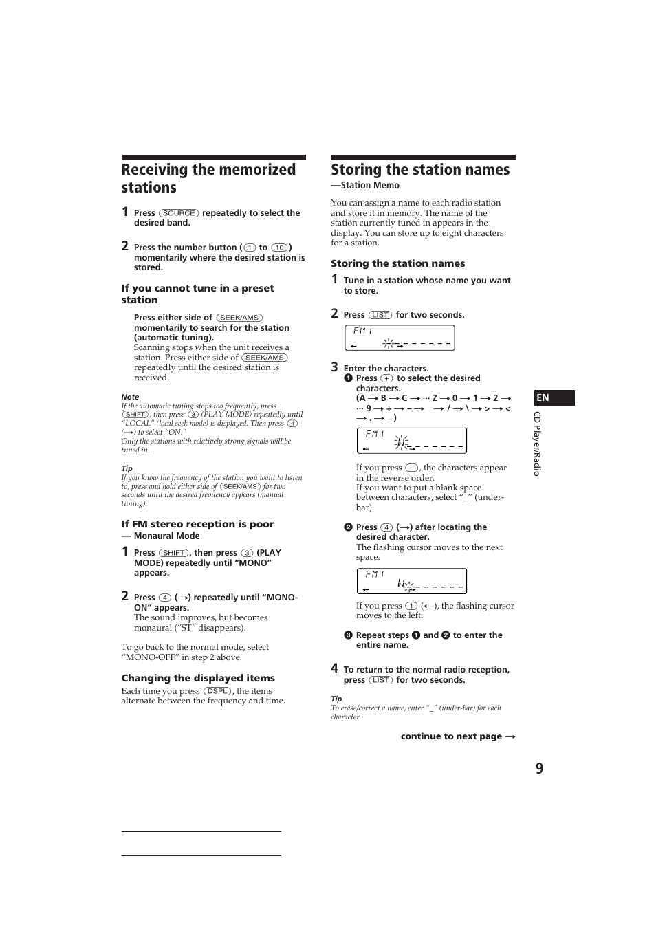 Storing the station names | Sony CDX-C610 User Manual | Page 9 / 24