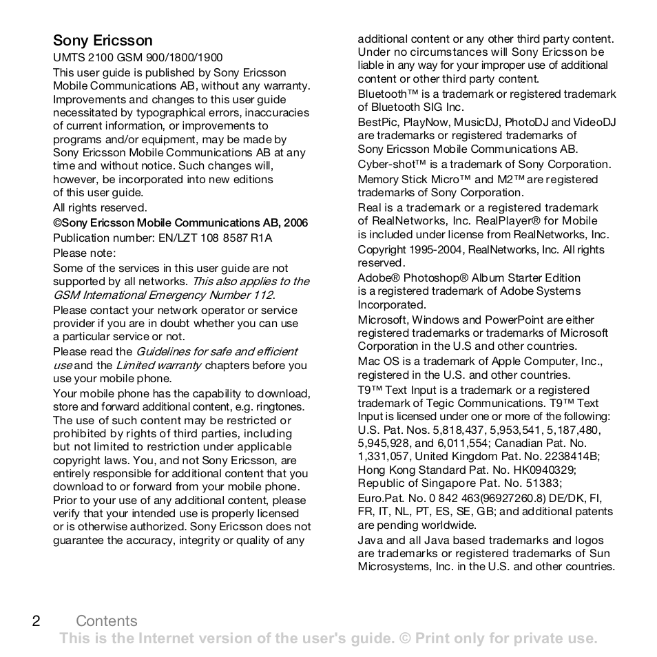 2contents sony ericsson | Sony K800i User Manual | Page 2 / 98