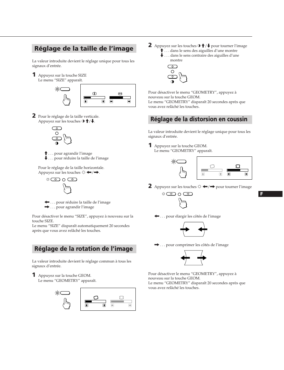 Réglage de la taille de l’image, Réglage de la distorsion en coussin, Réglage de la rotation de l’image | Sony CPD-17SF2 User Manual | Page 13 / 38