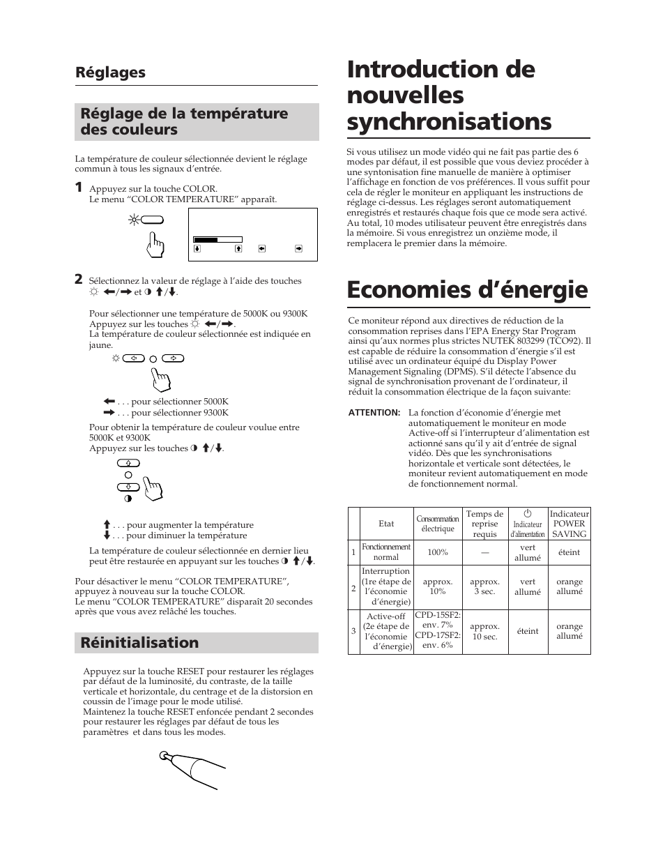 Réglage de la température des couleurs, Réglages, Réinitialisation | Sony CPD-17SF2 User Manual | Page 14 / 38