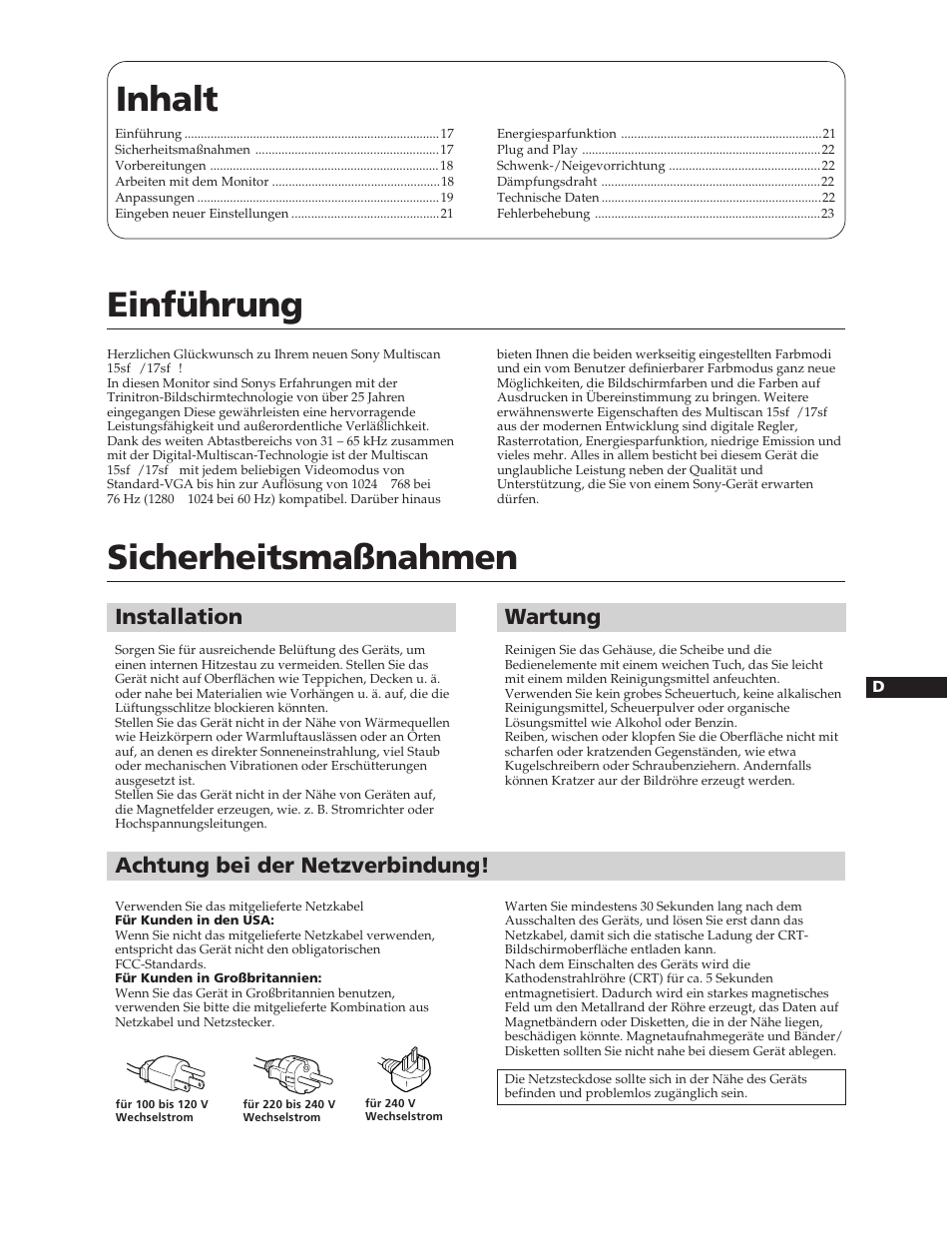 Inhalt einführung, Sicherheitsmaßnahmen, Wartung | Installation, Achtung bei der netzverbindung | Sony CPD-17SF2 User Manual | Page 17 / 38