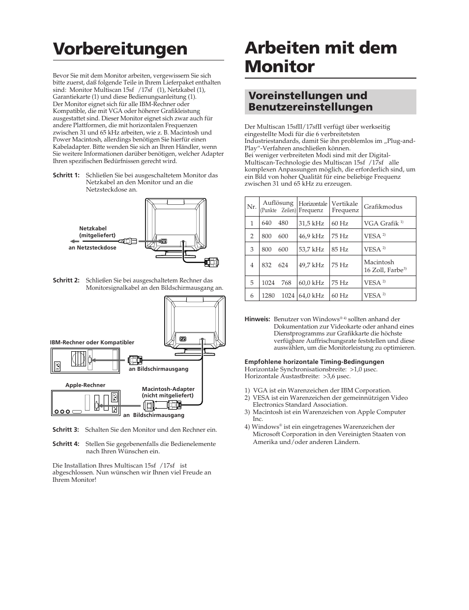 Vorbereitungen arbeiten mit dem monitor, Voreinstellungen und benutzereinstellungen | Sony CPD-17SF2 User Manual | Page 18 / 38