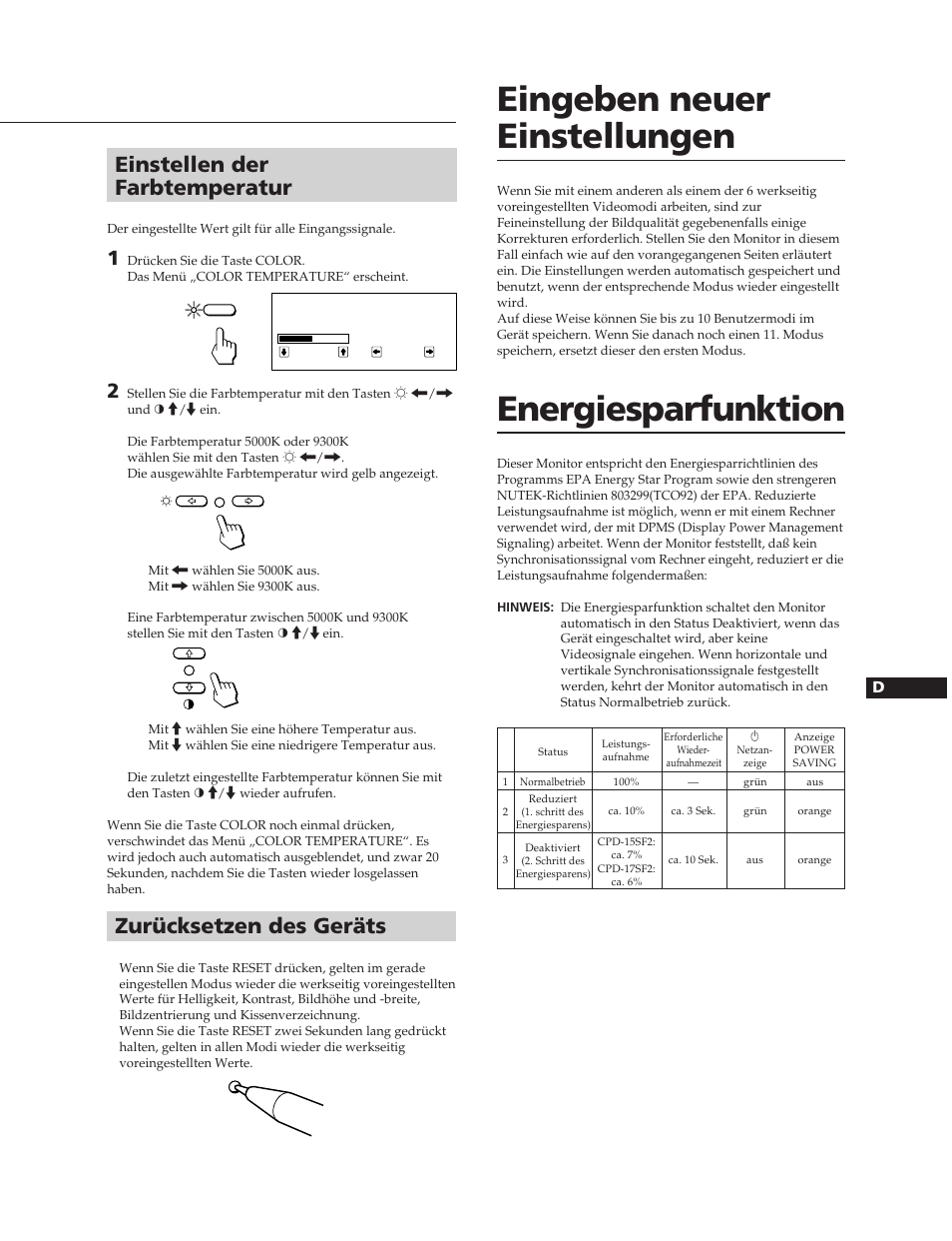 Eingeben neuer einstellungen, Energiesparfunktion, Einstellen der farbtemperatur | Zurücksetzen des geräts | Sony CPD-17SF2 User Manual | Page 21 / 38