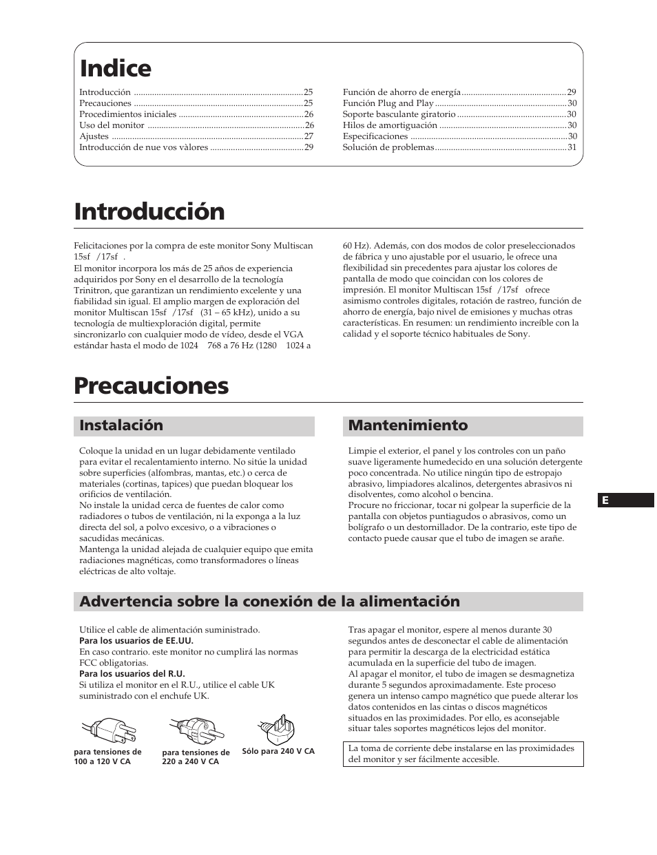 Indice, Introducción, Precauciones | Instalación, Mantenimiento, Advertencia sobre la conexión de la alimentación | Sony CPD-17SF2 User Manual | Page 24 / 38