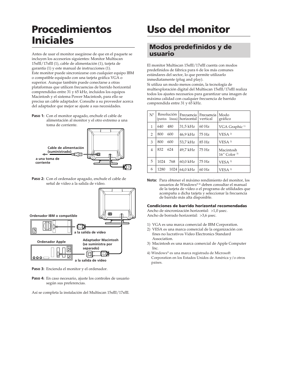 Procedimientos iniciales, Uso del monitor, Modos predefinidos y de usuario | Sony CPD-17SF2 User Manual | Page 25 / 38