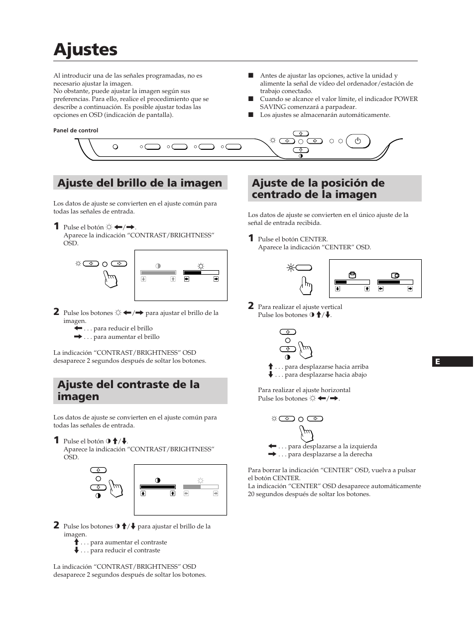 Ajustes, Ajuste del brillo de la imagen, Ajuste de la posición de centrado de la imagen | Ajuste del contraste de la imagen | Sony CPD-17SF2 User Manual | Page 26 / 38