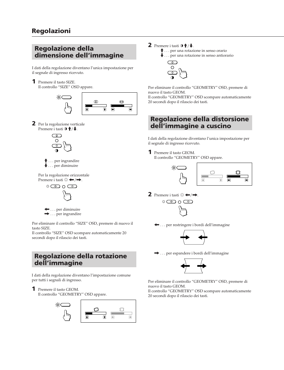 Regolazione della dimensione dell’immagine, Regolazioni, Regolazione della rotazione dell’immagine | Sony CPD-17SF2 User Manual | Page 34 / 38