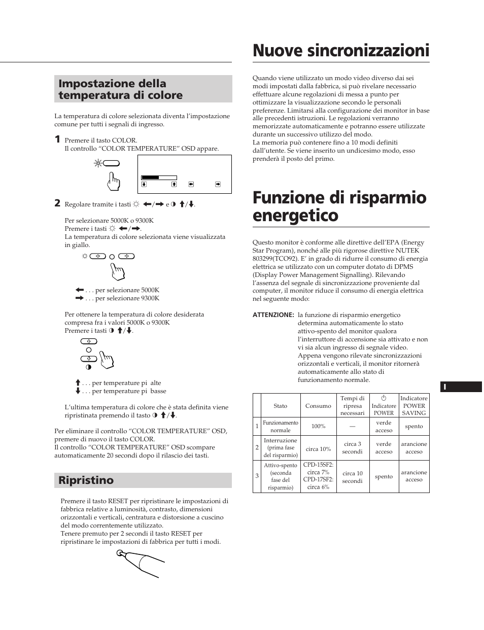 Nuove sincronizzazioni, Funzione di risparmio energetico, Impostazione della temperatura di colore | Ripristino | Sony CPD-17SF2 User Manual | Page 35 / 38
