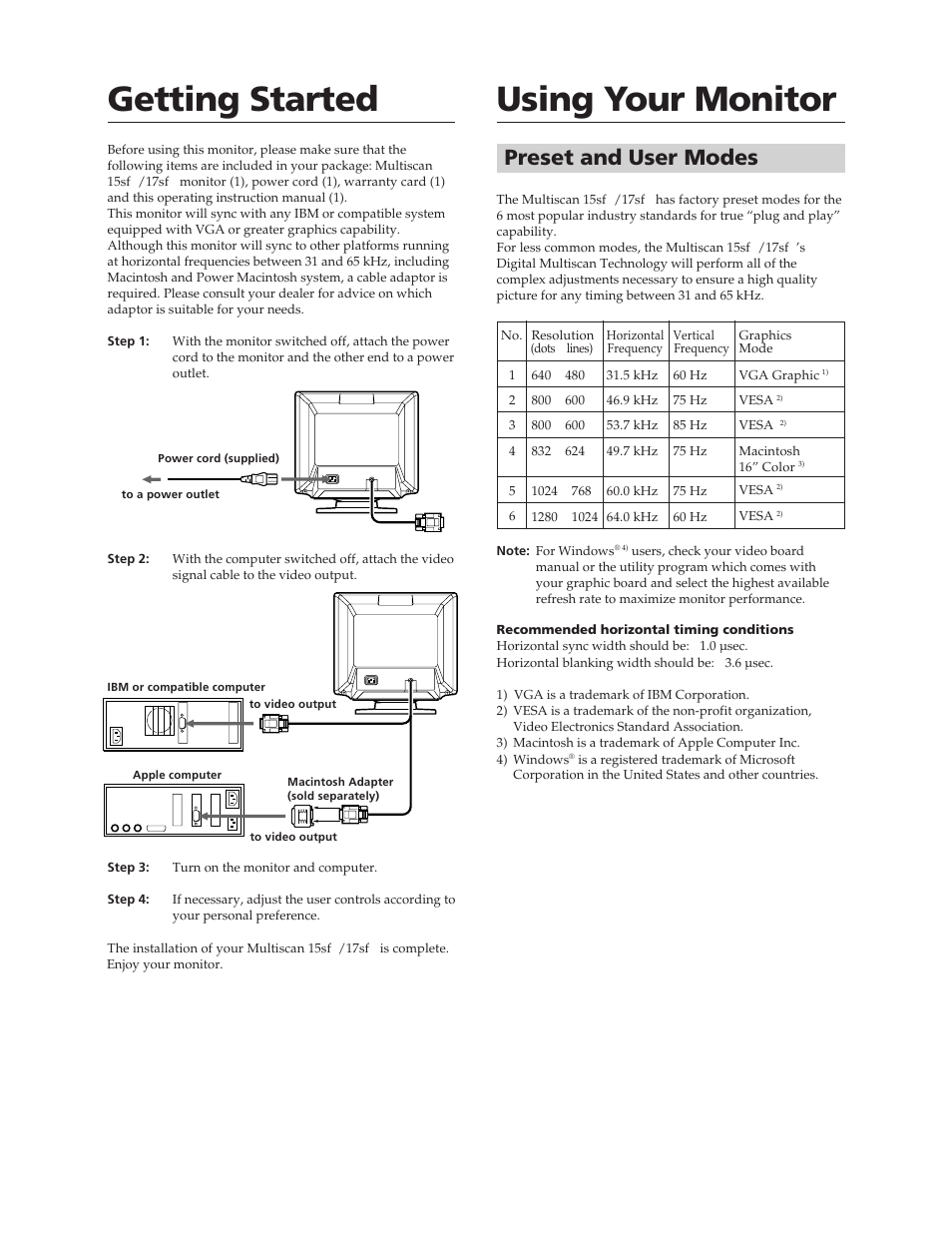 Getting started using your monitor, Preset and user modes | Sony CPD-17SF2 User Manual | Page 4 / 38