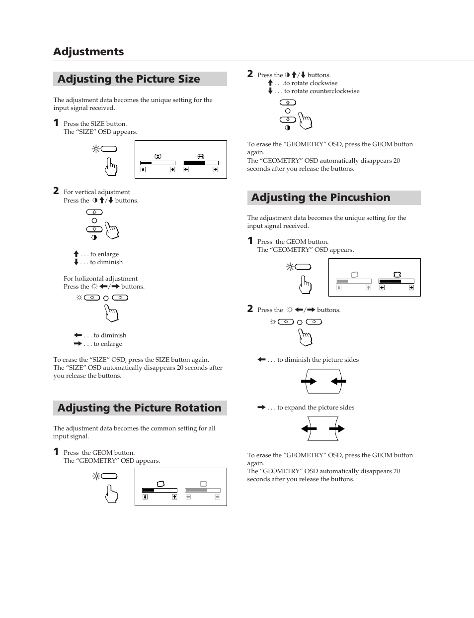 Adjustments, Adjusting the pincushion, Adjusting the picture size | Adjusting the picture rotation | Sony CPD-17SF2 User Manual | Page 6 / 38