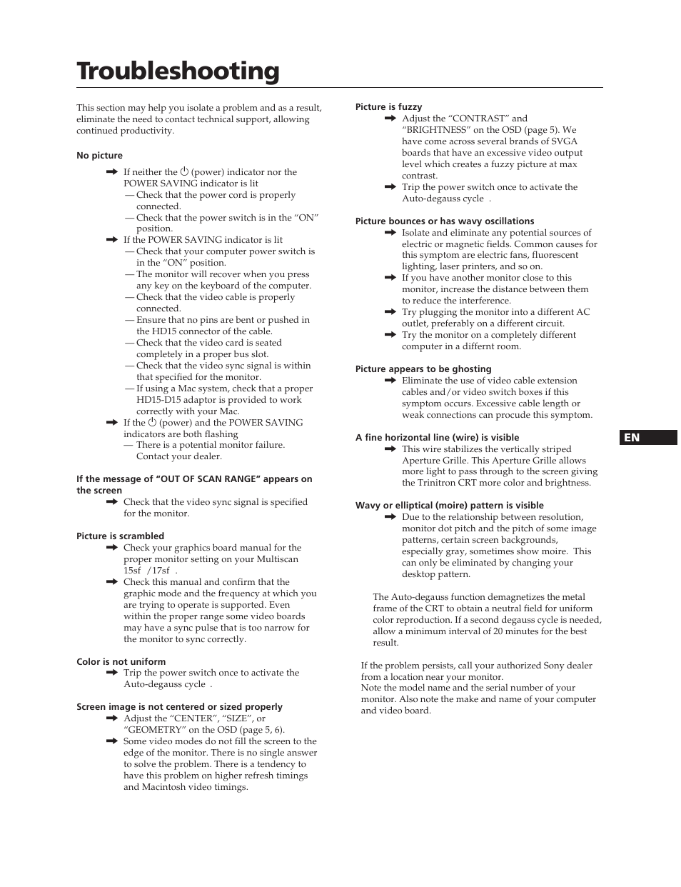 Troubleshooting | Sony CPD-17SF2 User Manual | Page 9 / 38